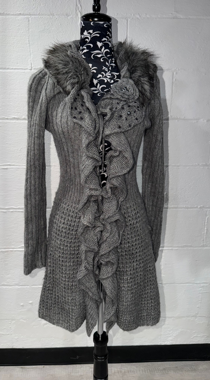 Vintage Milano Heather Gray Faux Fur Collar & Beaded Ruffle Longline Cardigan S